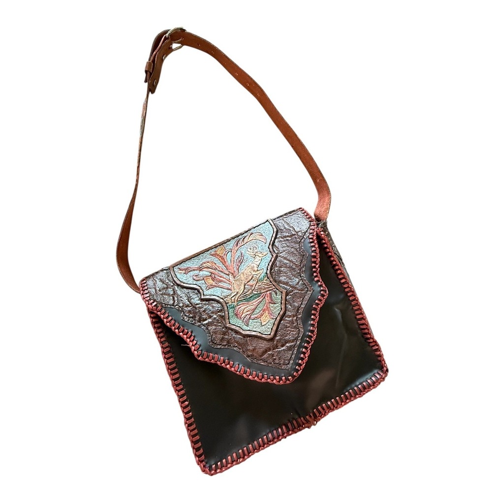 Artisan Hand Tooled Deer on Faux Leather Crossbody Bag Purse Western Boho Hippie